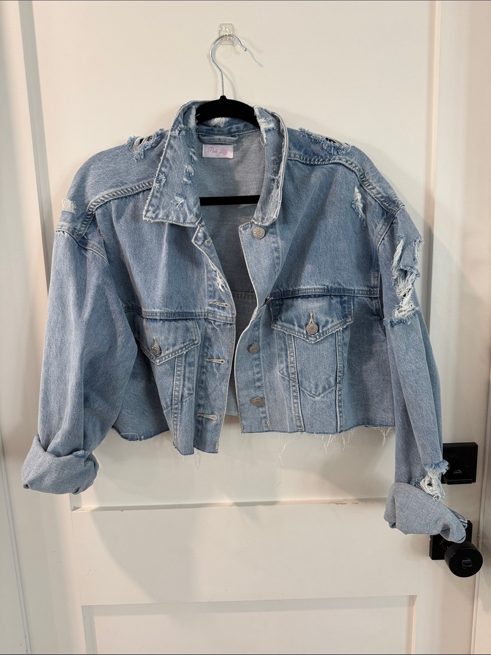 Distressed Light Blue Cropped Denim Jacket - Pink Lily